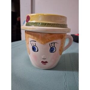 Vintage RelcoJapan Mom Lady Head Cup with Hat Lid Ashtray Hand Decorated Ceramic